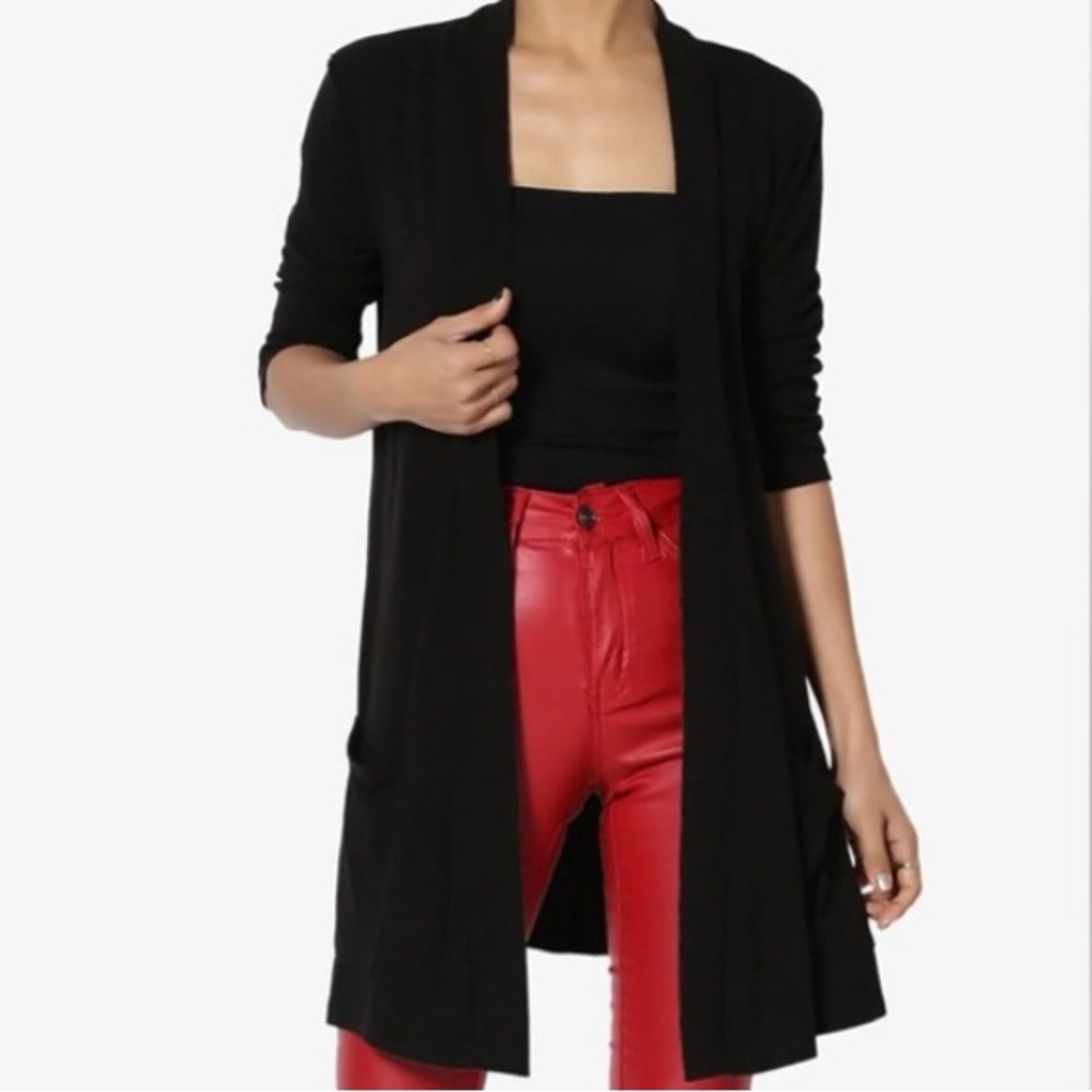 🟠NWT ZENANA Slouchy Pocket 3/4 Sleeve Cardigan in Black